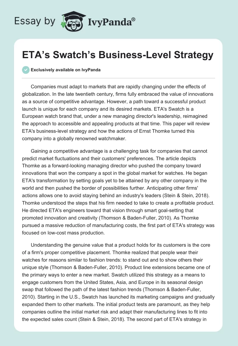 ETA’s Swatch’s Business-Level Strategy. Page 1