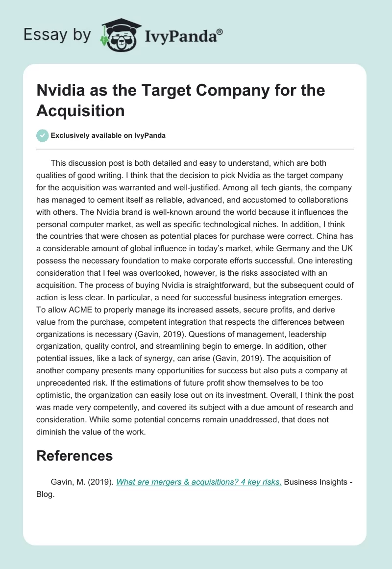Nvidia as the Target Company for the Acquisition. Page 1