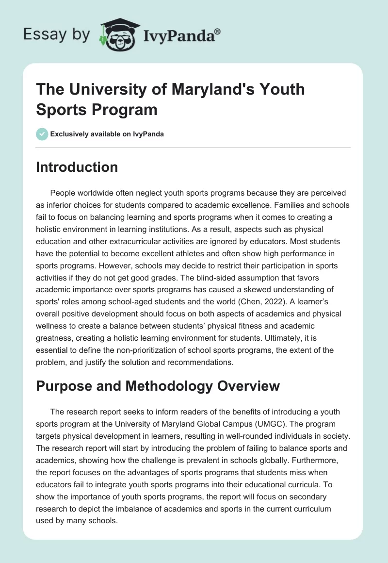 The University of Maryland's Youth Sports Program. Page 1