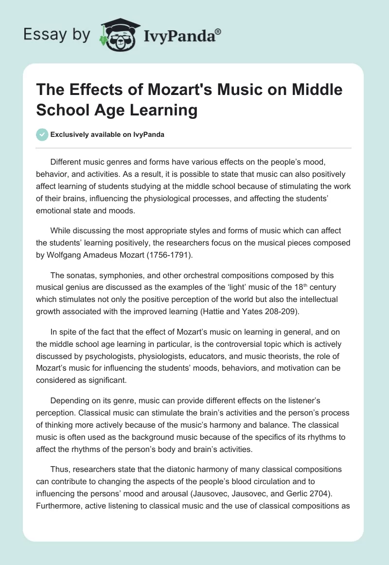 The Effects of Mozart's Music on Middle School Age Learning. Page 1