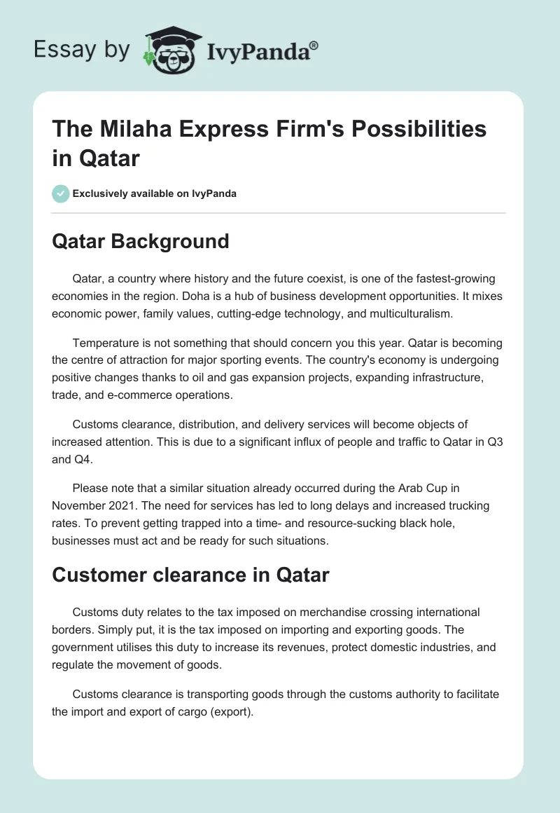 The Milaha Express Firm's Possibilities in Qatar. Page 1