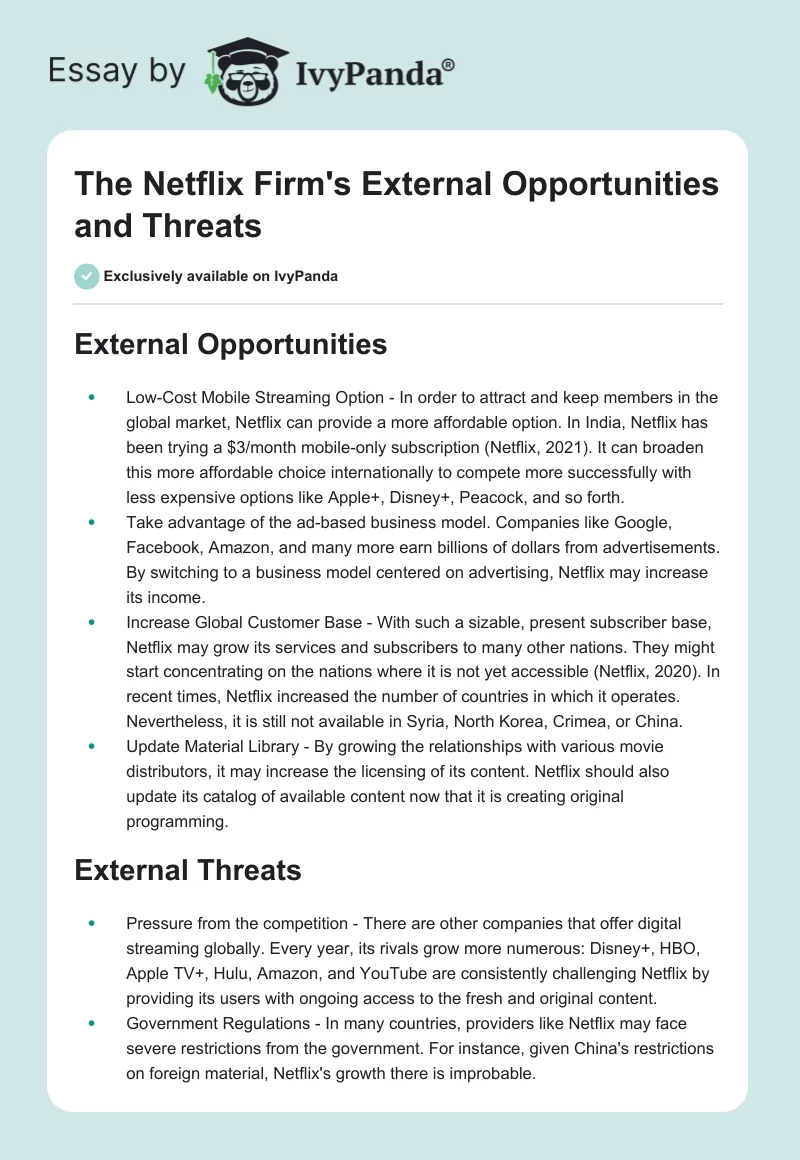The Netflix Firm's External Opportunities and Threats. Page 1