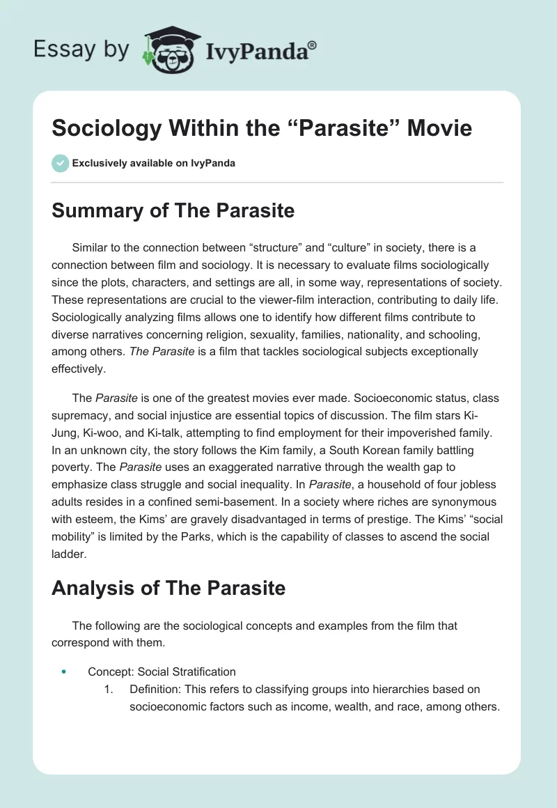 Sociology Within the “Parasite” Movie. Page 1