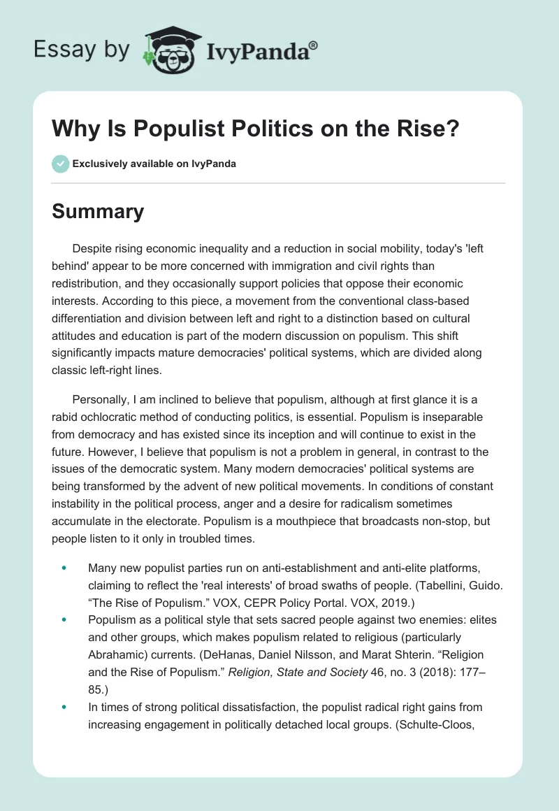 Why Is Populist Politics on the Rise?. Page 1