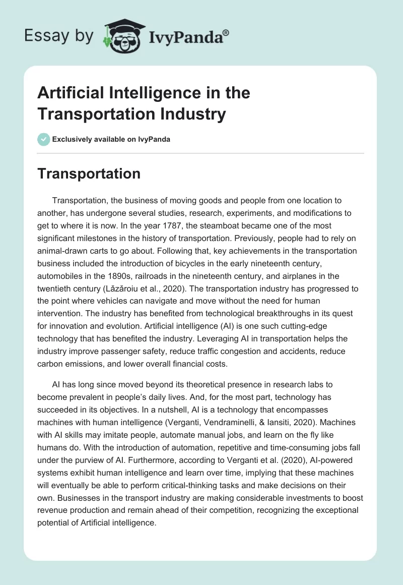 Artificial Intelligence in the Transportation Industry. Page 1