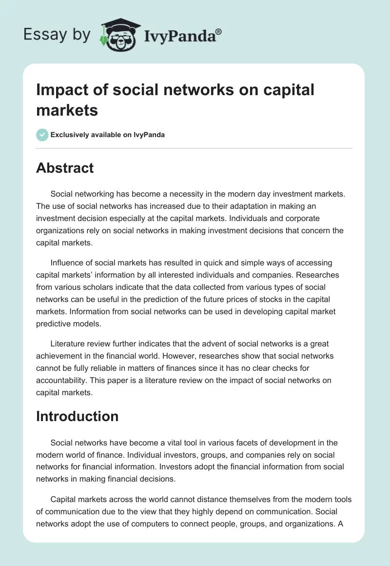 Impact of social networks on capital markets. Page 1