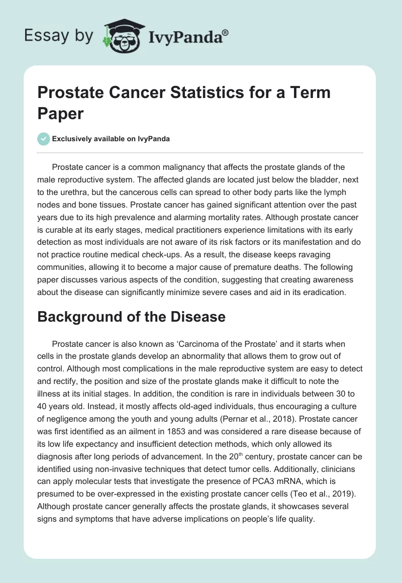 Prostate Cancer Statistics for a Term Paper. Page 1