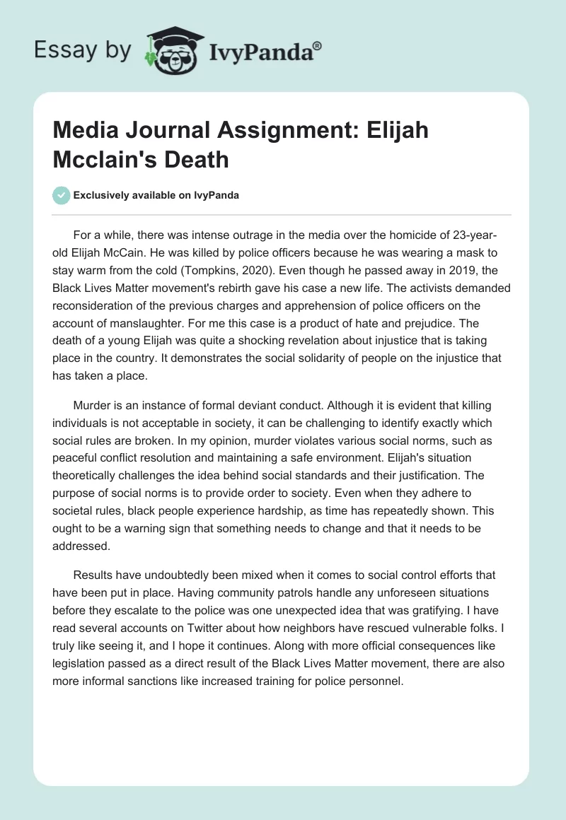 Media Journal Assignment: Elijah McClain's Death. Page 1