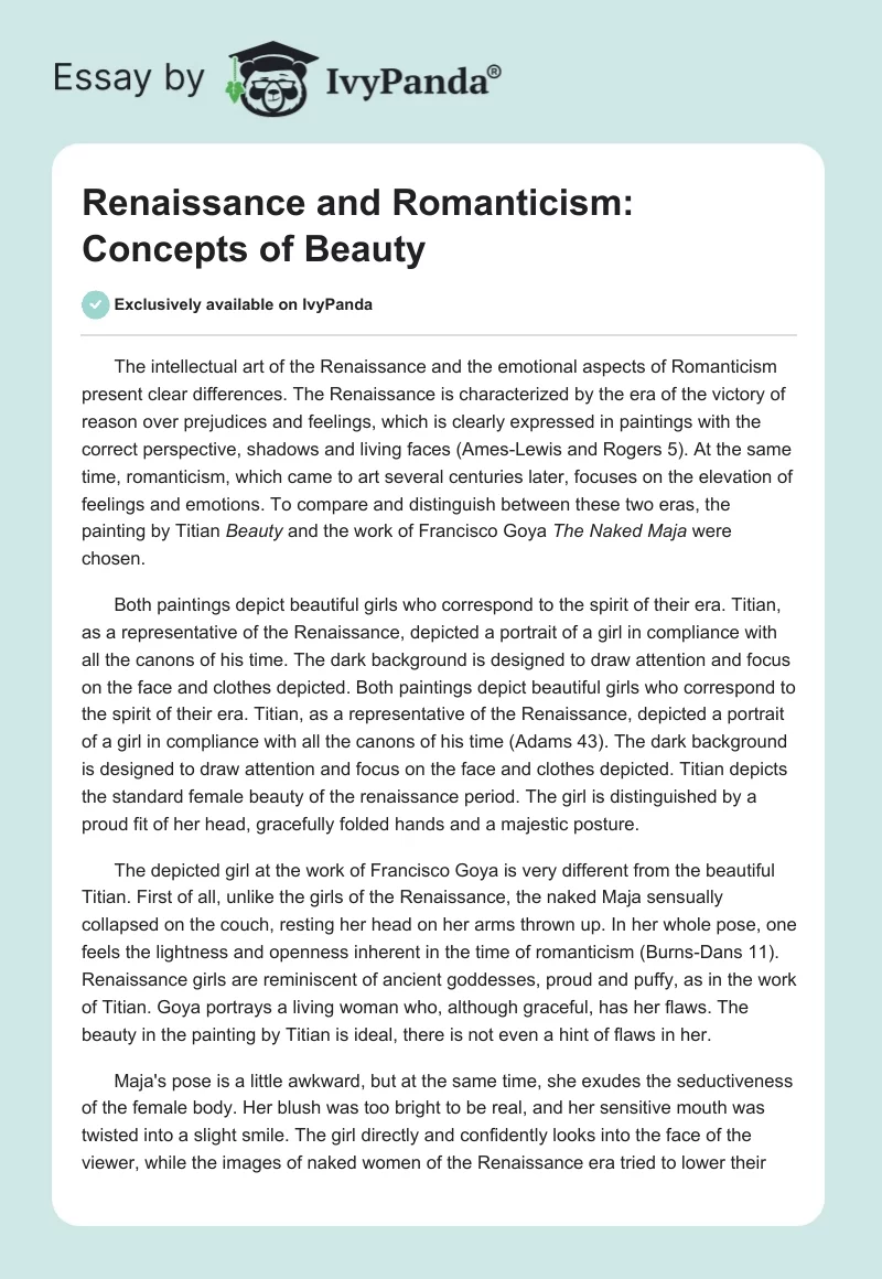 Renaissance and Romanticism: Concepts of Beauty. Page 1