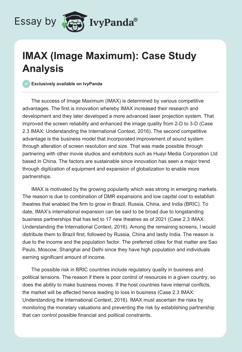IMAX (Image Maximum): Case Study Analysis. Page 1