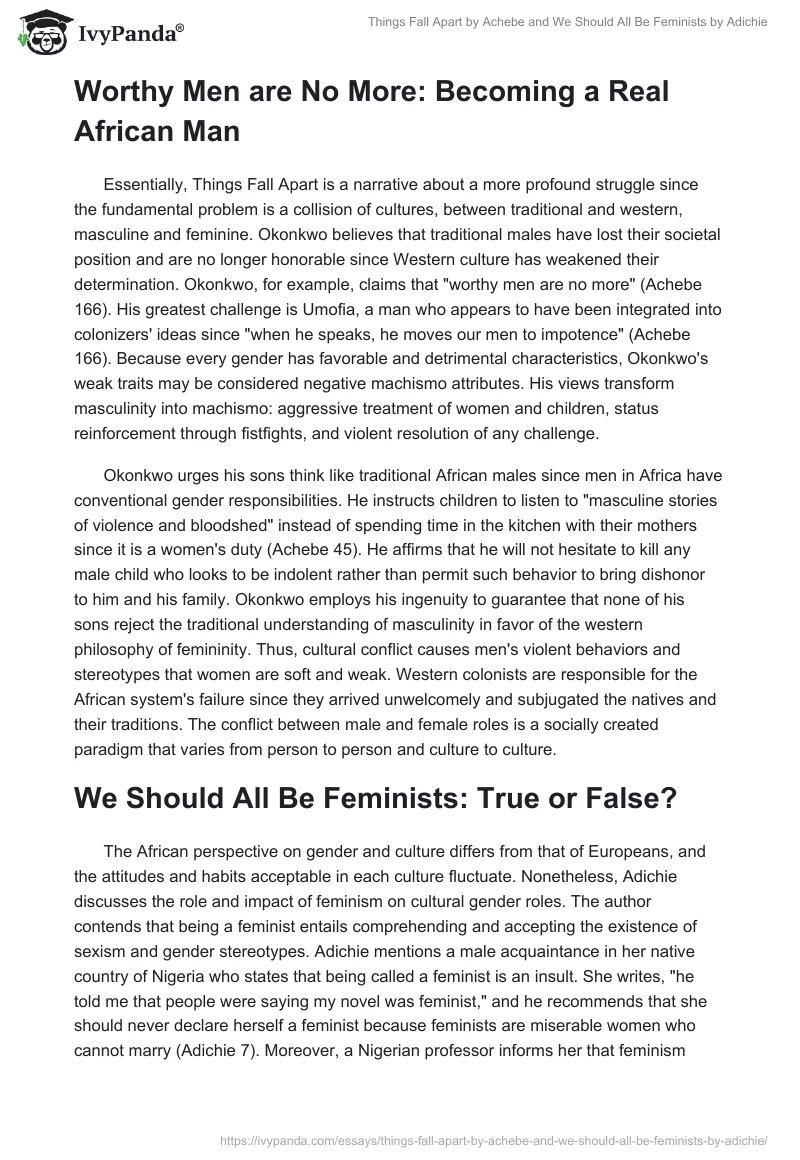 "Things Fall Apart" by Achebe and "We Should All Be Feminists" by Adichie. Page 2