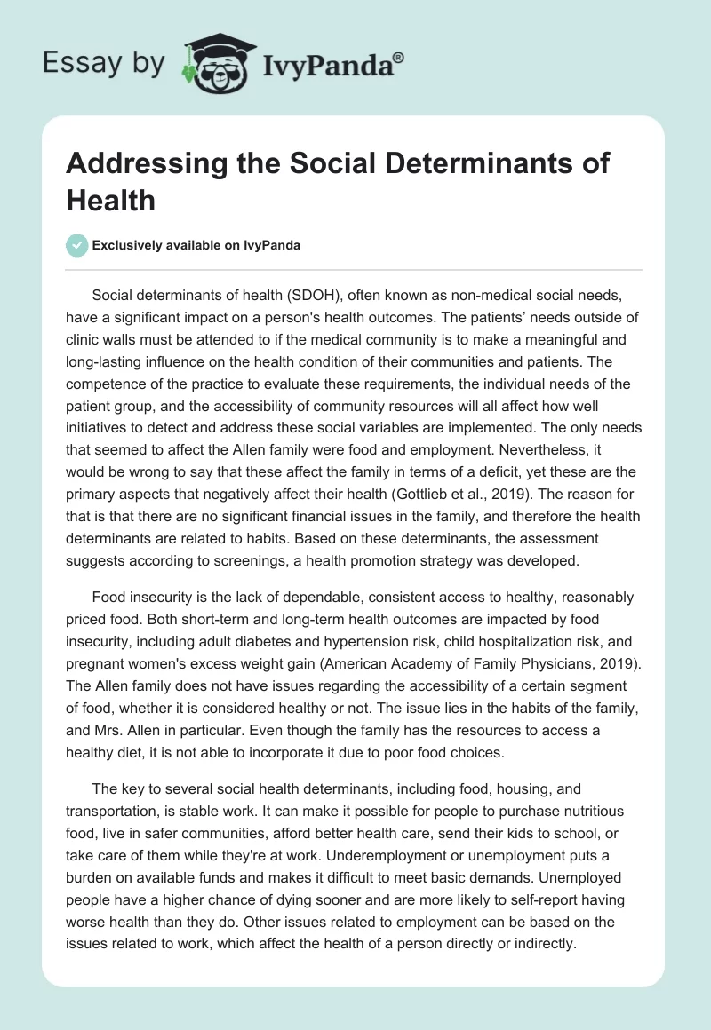 Addressing The Social Determinants Of Health Words Essay Example