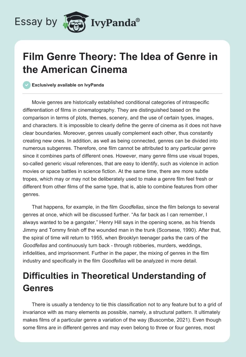 Film Genre Theory: The Idea of Genre in the American Cinema. Page 1