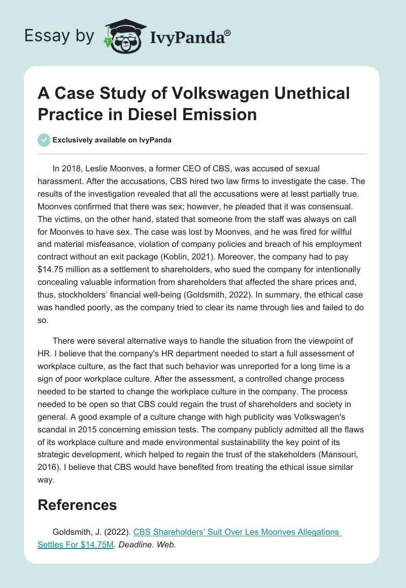 A Case Study of Volkswagen Unethical Practice in Diesel Emission. Page 1