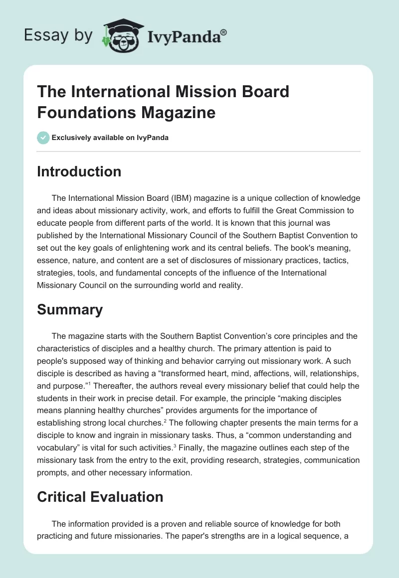 The International Mission Board Foundations Magazine. Page 1