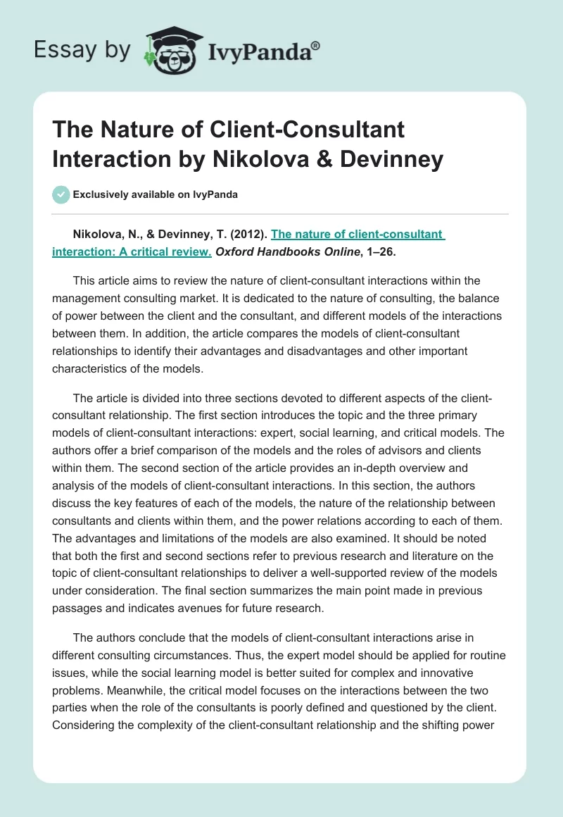 The Nature of Client-Consultant Interaction by Nikolova & Devinney. Page 1