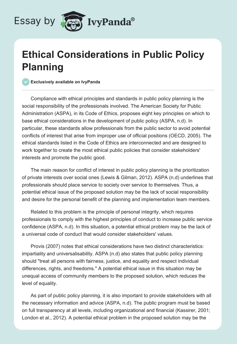 Ethical Considerations in Public Policy Planning. Page 1