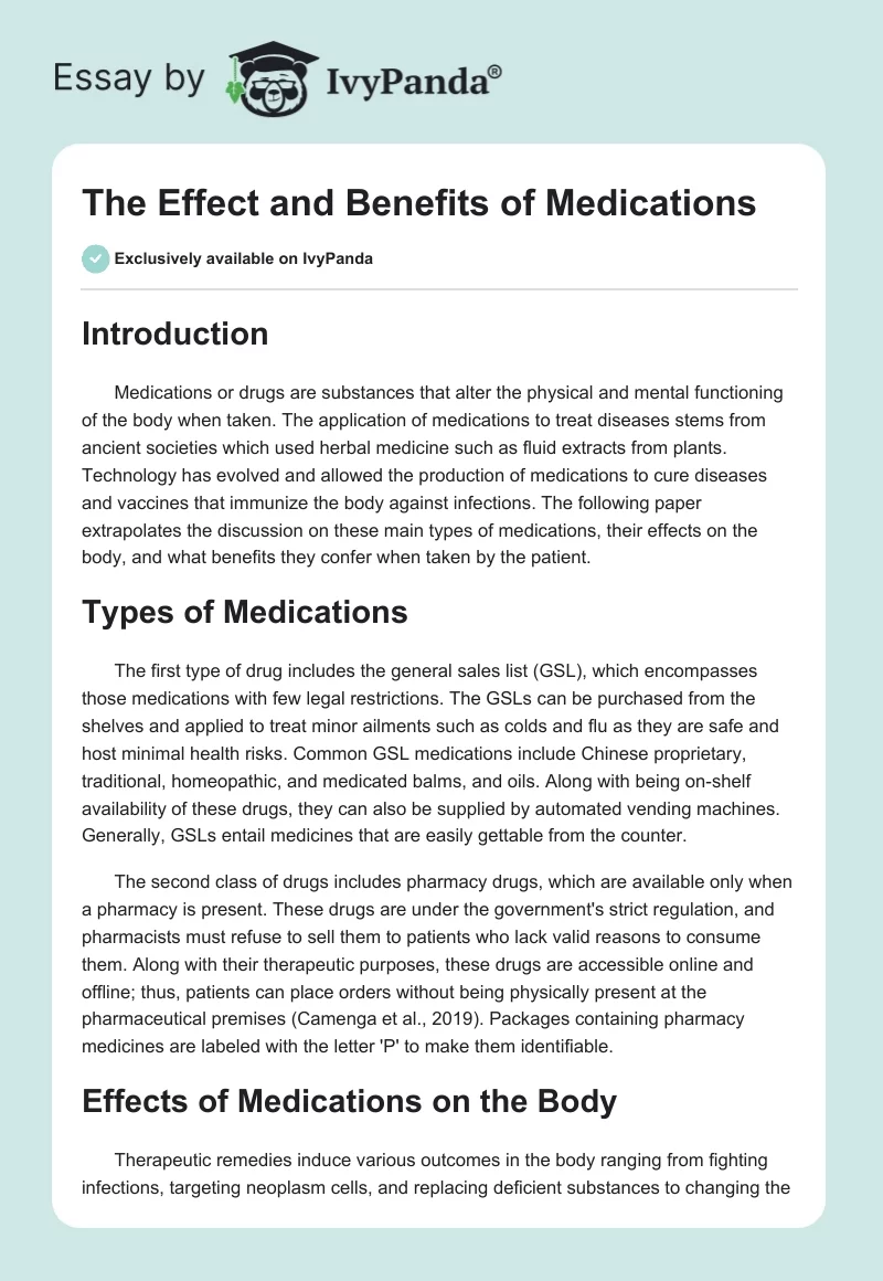 The Effect and Benefits of Medications. Page 1