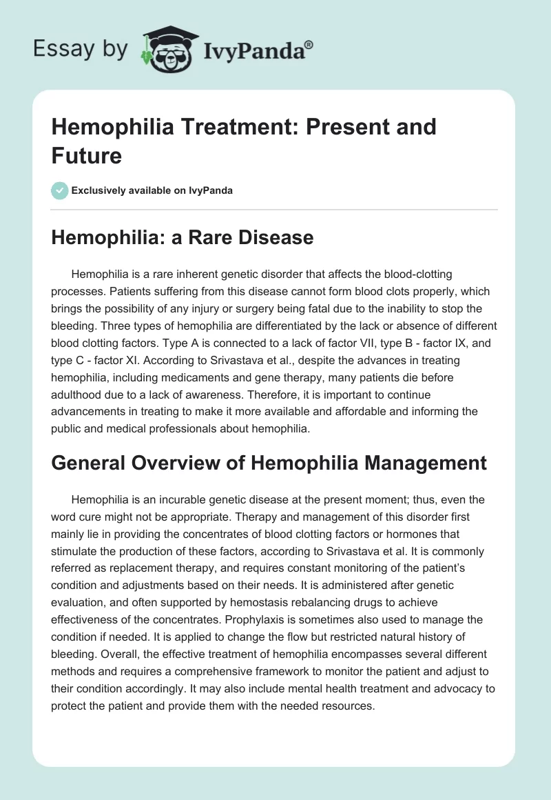 Hemophilia Treatment: Present and Future. Page 1