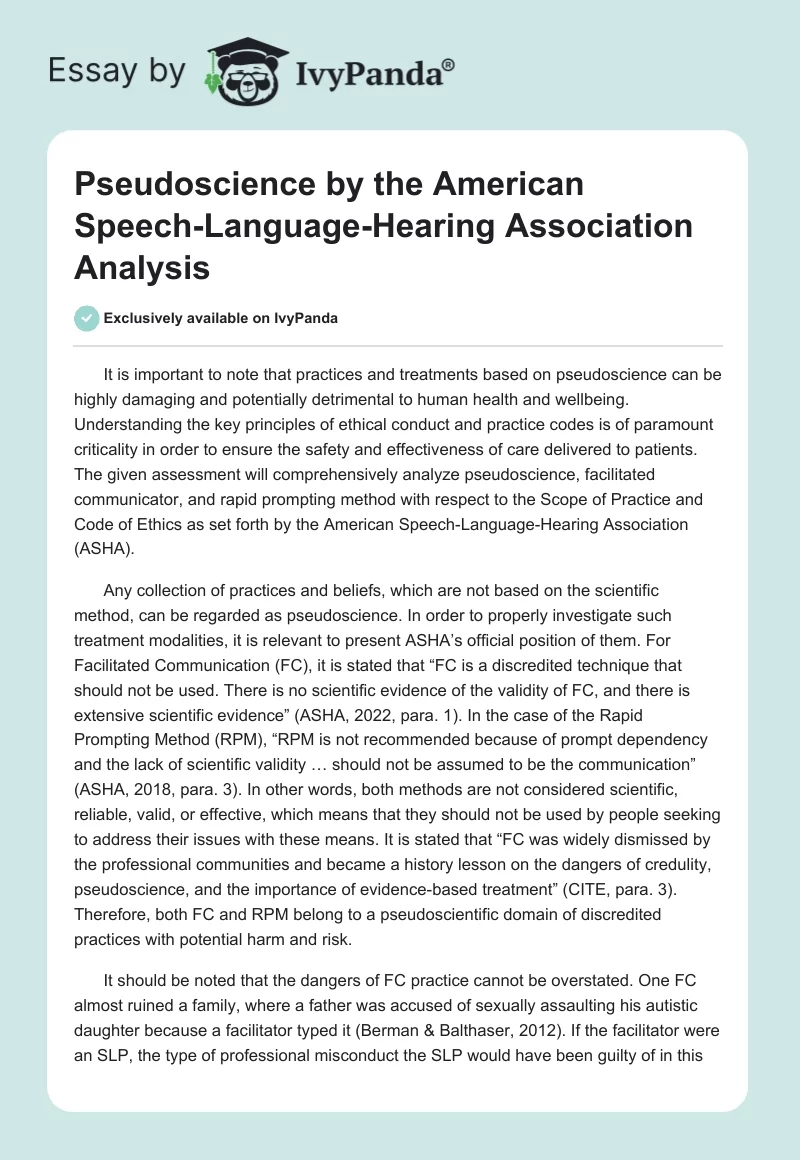Pseudoscience by the American Speech-Language-Hearing Association Analysis. Page 1