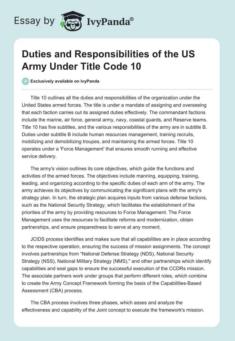 Duties and Responsibilities of the US Army Under Title Code 10. Page 1