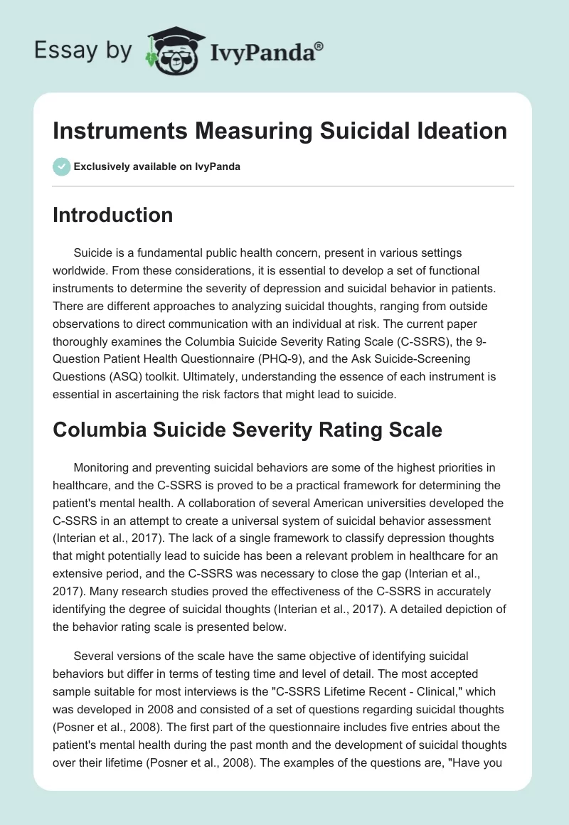 Instruments Measuring Suicidal Ideation. Page 1