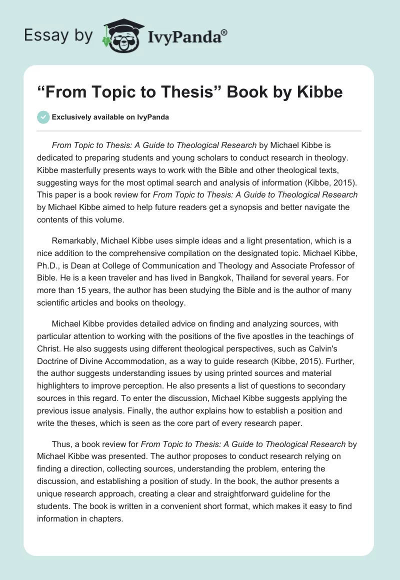 “From Topic to Thesis” Book by Kibbe. Page 1