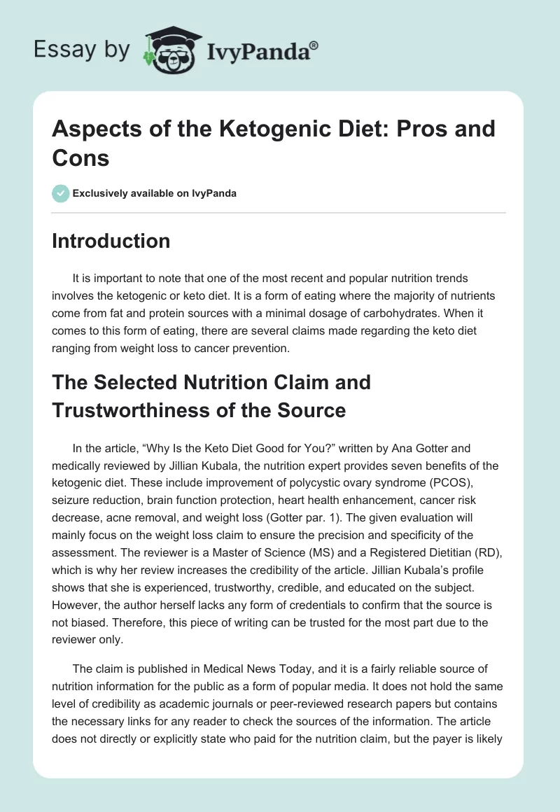 Aspects of the Ketogenic Diet: Pros and Cons. Page 1