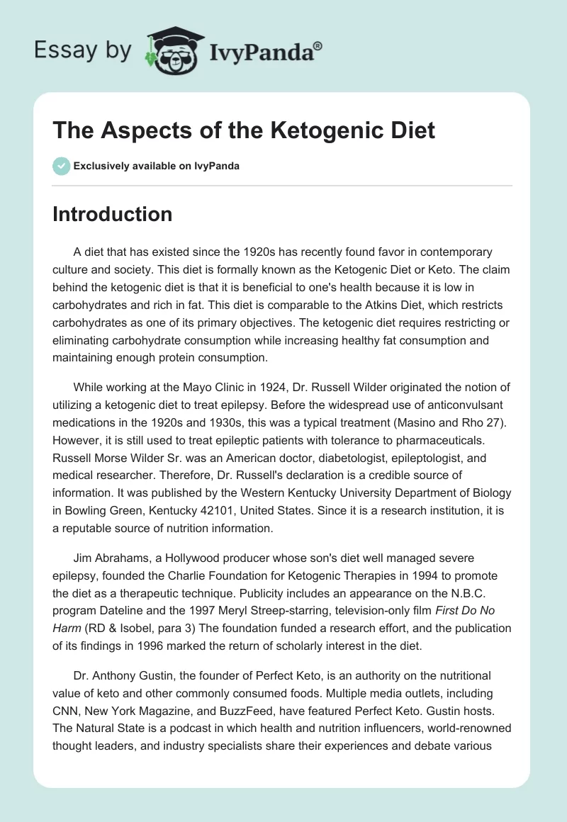 The Aspects of the Ketogenic Diet. Page 1