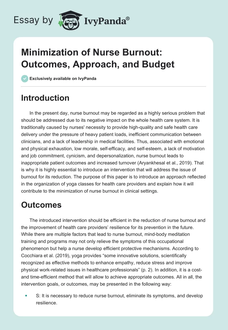 Minimization of Nurse Burnout: Outcomes, Approach, and Budget. Page 1