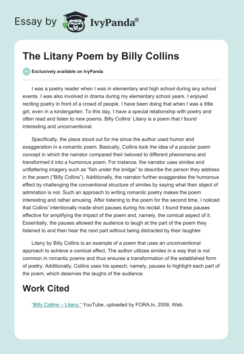 The "Litany" Poem by Billy Collins. Page 1