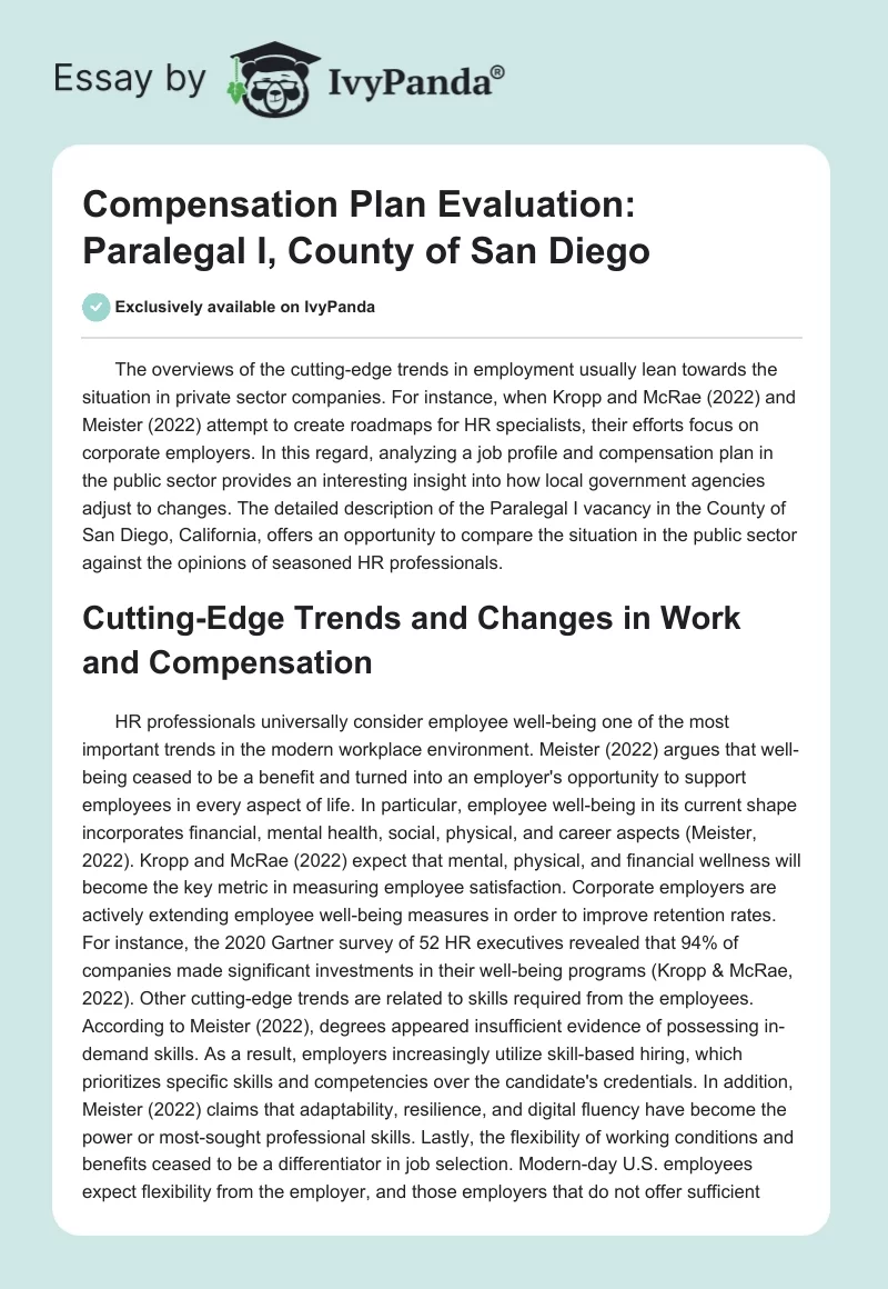 Compensation Plan Evaluation: Paralegal I, County of San Diego. Page 1