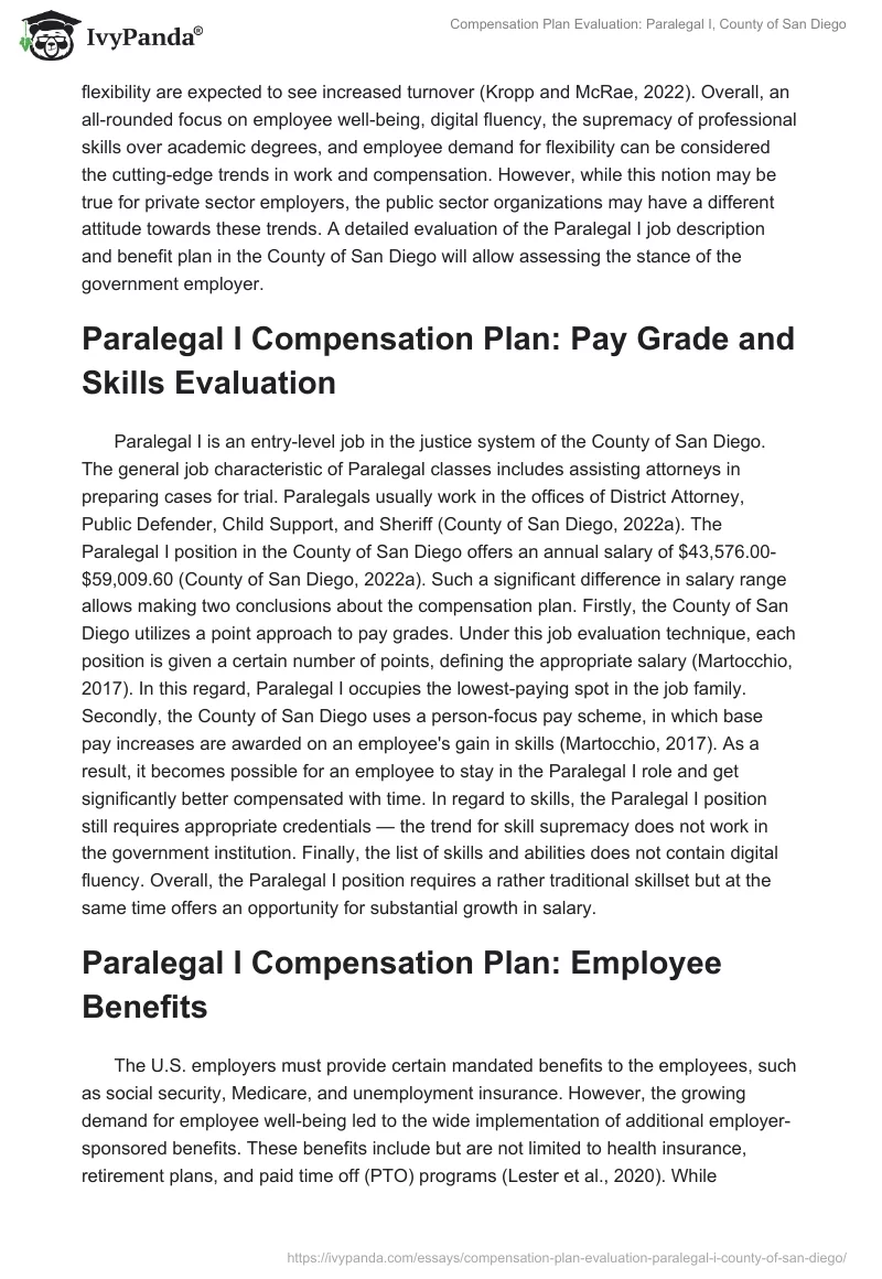 Compensation Plan Evaluation: Paralegal I, County of San Diego. Page 2
