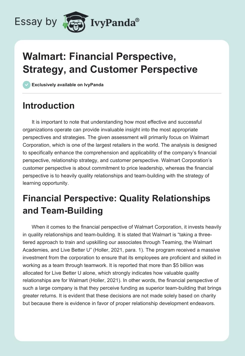 Walmart: Financial Perspective, Strategy, and Customer Perspective. Page 1