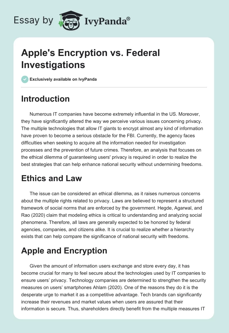 Apple's Encryption vs. Federal Investigations. Page 1