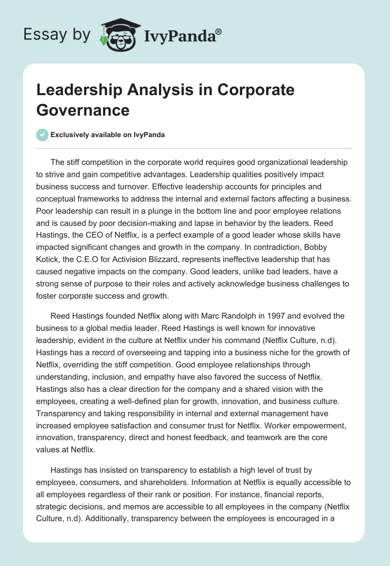 Leadership Analysis in Corporate Governance. Page 1