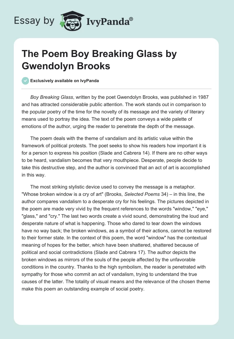 The Poem "Boy Breaking Glass" by Gwendolyn Brooks. Page 1