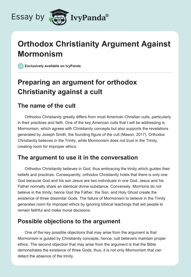 Orthodox Christianity Argument Against Mormonism. Page 1