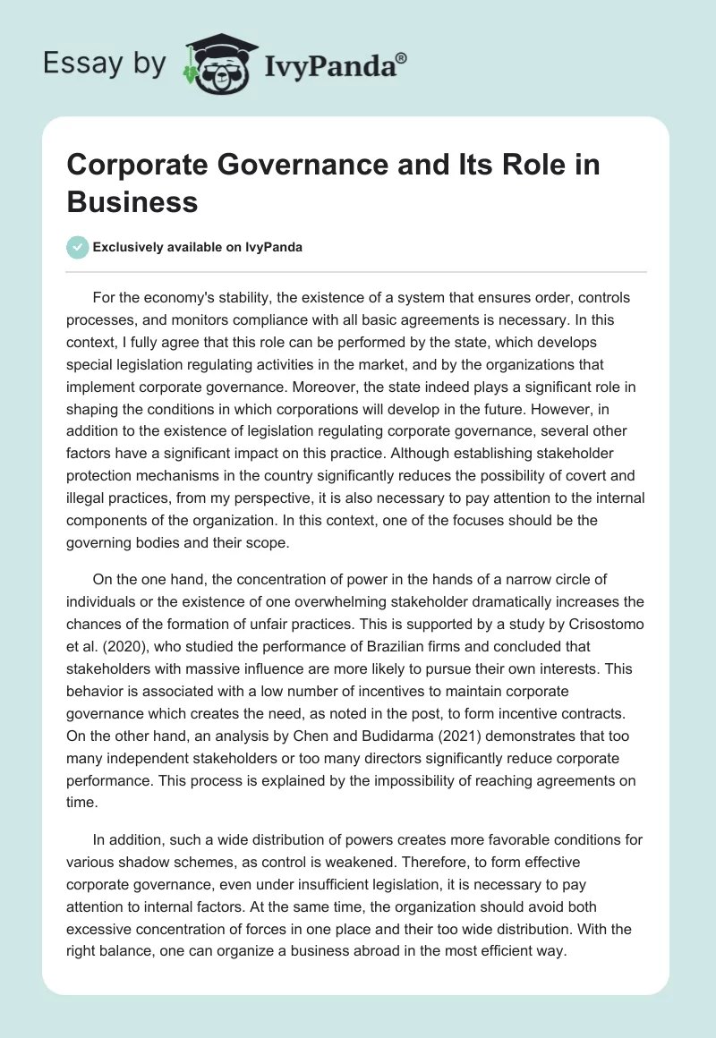 Corporate Governance and Its Role in Business. Page 1
