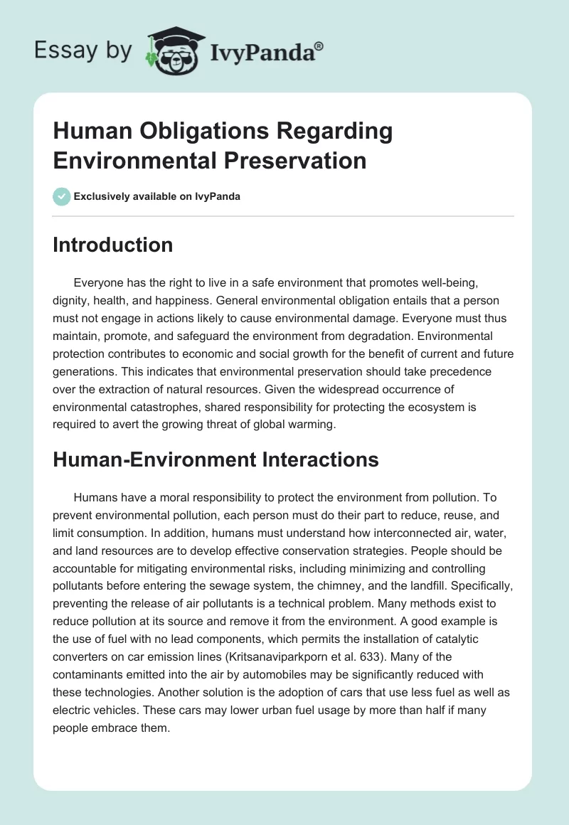 Human Obligations Regarding Environmental Preservation. Page 1
