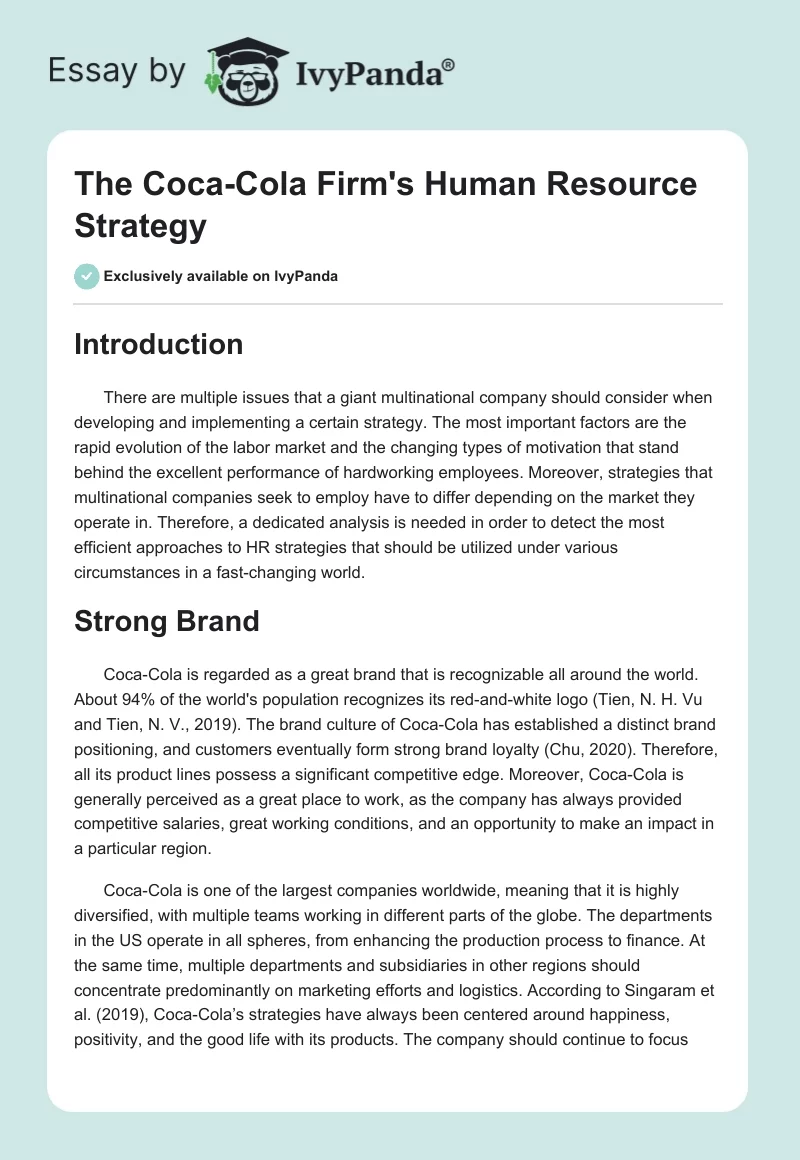 The Coca-Cola Firm's Human Resource Strategy. Page 1