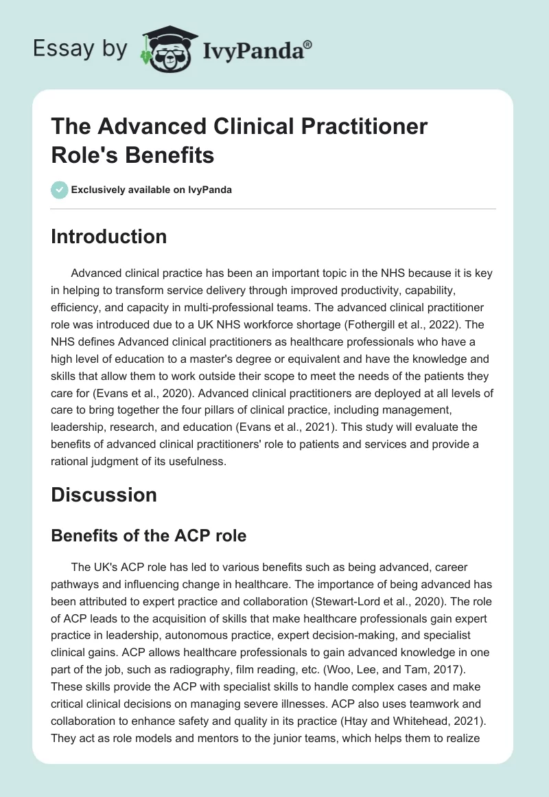 The Advanced Clinical Practitioner Role's Benefits. Page 1