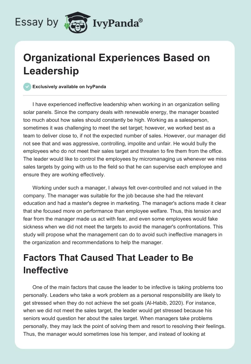 Organizational Experiences Based on Leadership. Page 1