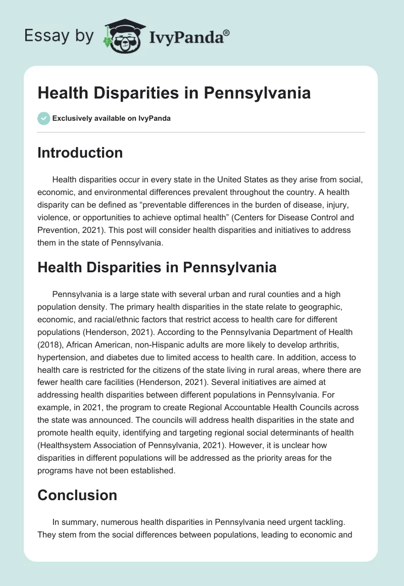 Health Disparities in Pennsylvania. Page 1