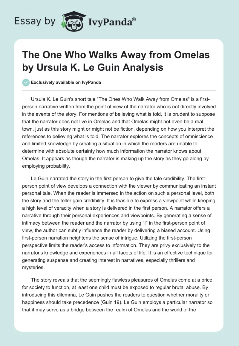 "The One Who Walks Away from Omelas" by Ursula K. Le Guin Analysis. Page 1