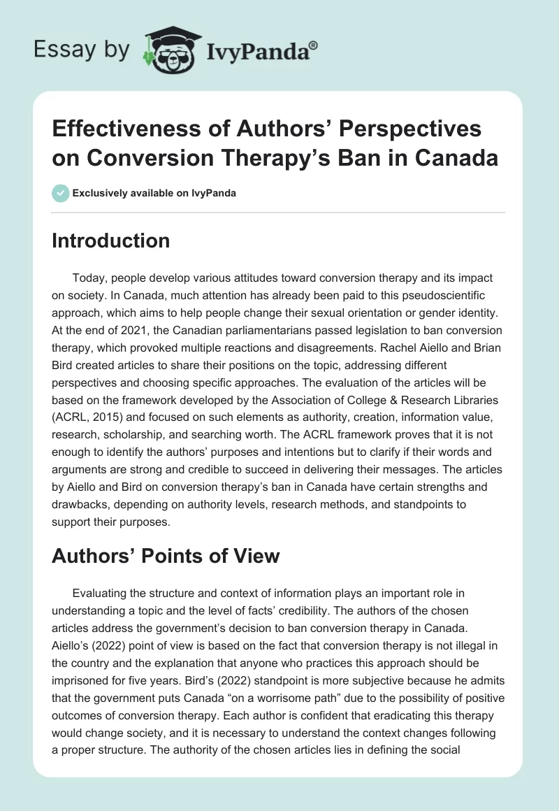 Effectiveness of Authors’ Perspectives on Conversion Therapy’s Ban in Canada. Page 1
