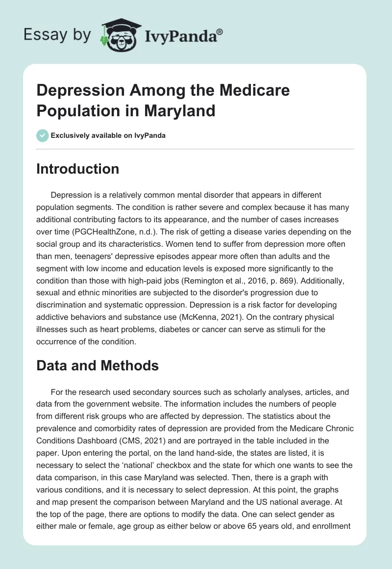 Depression Among the Medicare Population in Maryland. Page 1