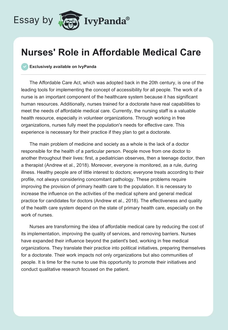 Nurses' Role in Affordable Medical Care. Page 1