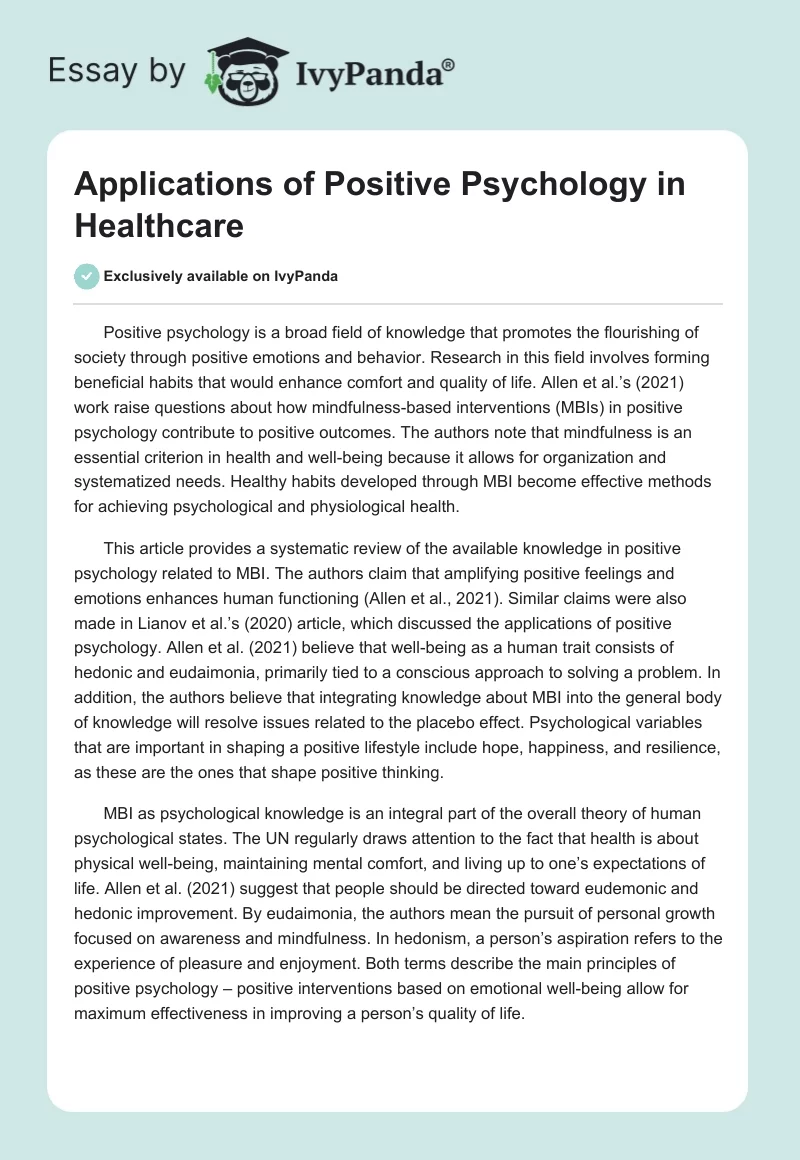 Applications of Positive Psychology in Healthcare. Page 1