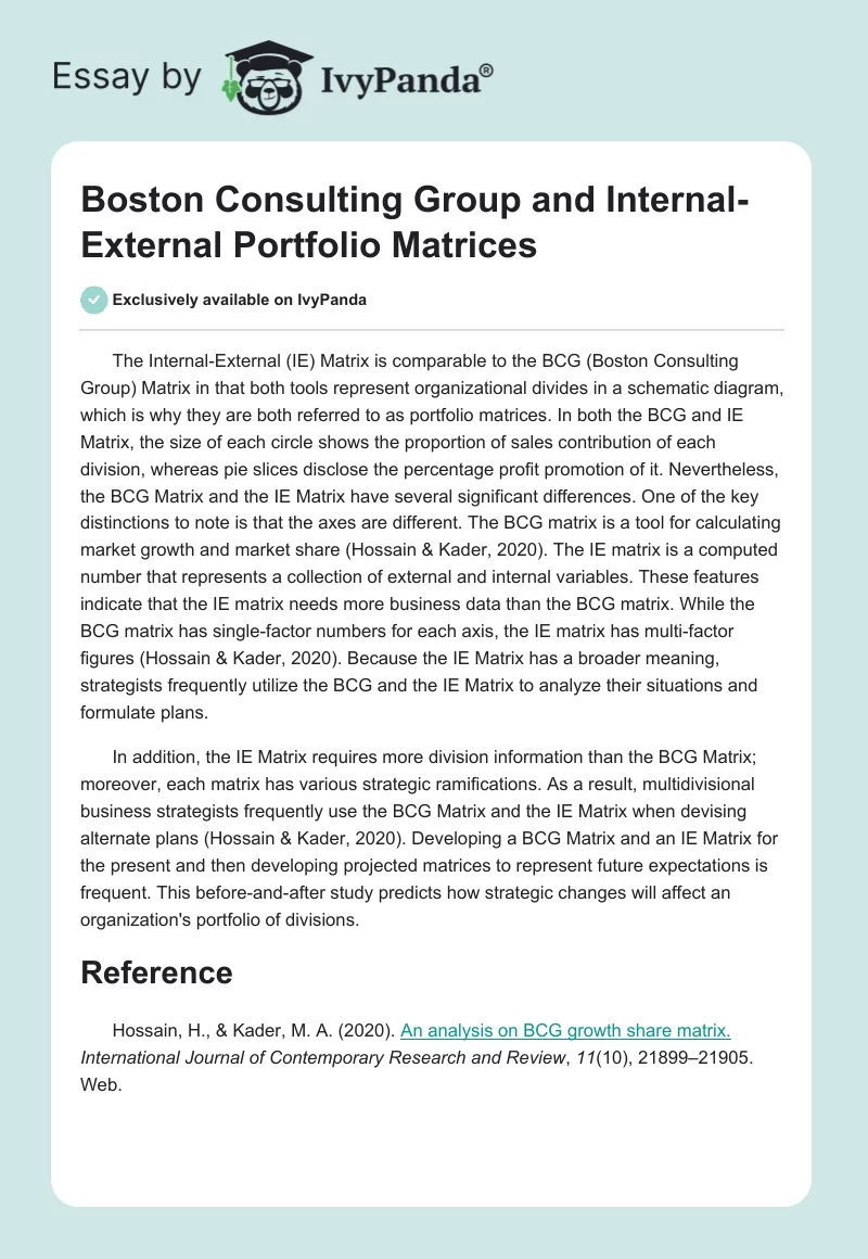 Boston Consulting Group and Internal-External Portfolio Matrices. Page 1